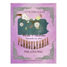 Purple Save The Date- PA Map With Lovely Birds Postcard