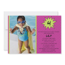 Purple Save the Day Superhero Photo Birthday Party Announcement