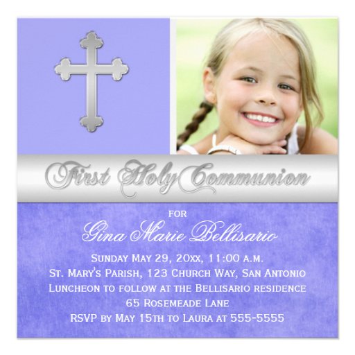 Purple Silver 1st Holy Communion Photo Invitation (front side)