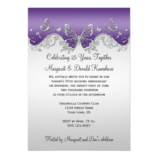 Purple Silver Butterflies 25th Anniversary Invites (front side)