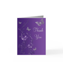 Purple Silver Butterfly Floral Thank You Note Card