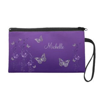 Purple Silver Butterfly Floral Wristlet Bag