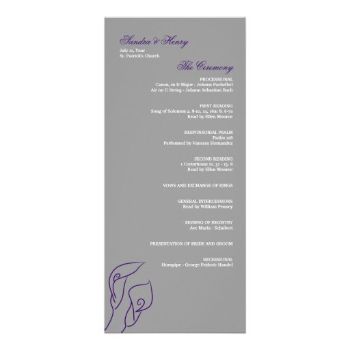 Purple & Silver Calla Lilies Wedding Program Custom Rack Cards