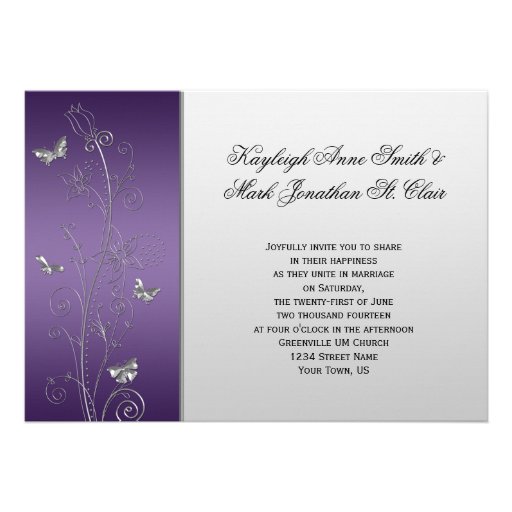 Purple Silver Floral Butterflies Wedding Invitations