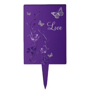 Purple Silver Floral Butterfly Wedding Cake Pick