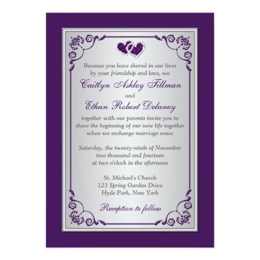 Purple, Silver Floral, Hearts Photo Wedding Invite