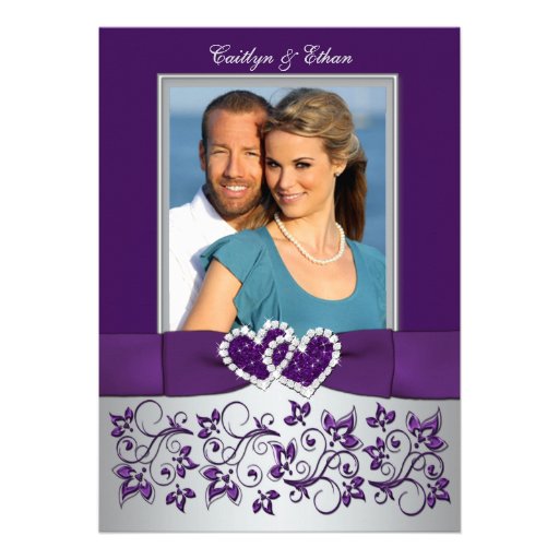 Purple, Silver Floral, Hearts Photo Wedding Invite