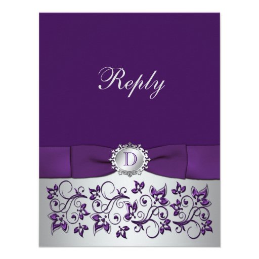 Purple, Silver Floral Scroll Wedding Reply Card Personalized Invitation