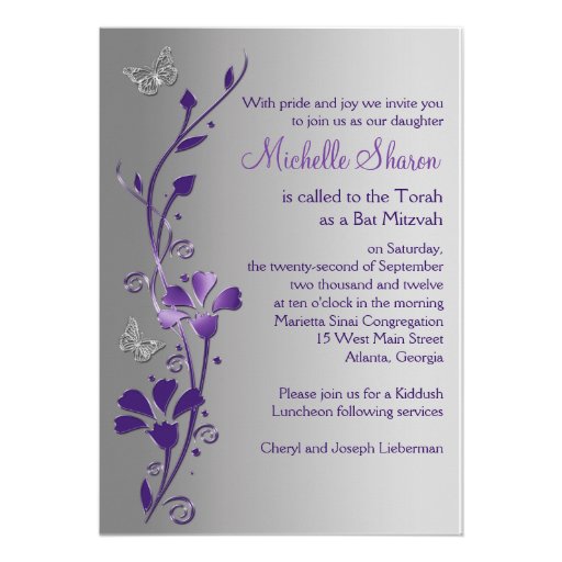 Purple Silver Floral with Buttterflies Bat Mitzvah Custom Invitations