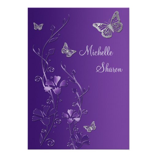 Purple Silver Floral with Buttterflies Bat Mitzvah Custom Invitations (front side)