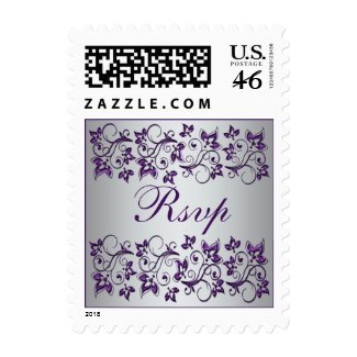 Purple Silver Gray Floral Wedding RSVP Postage