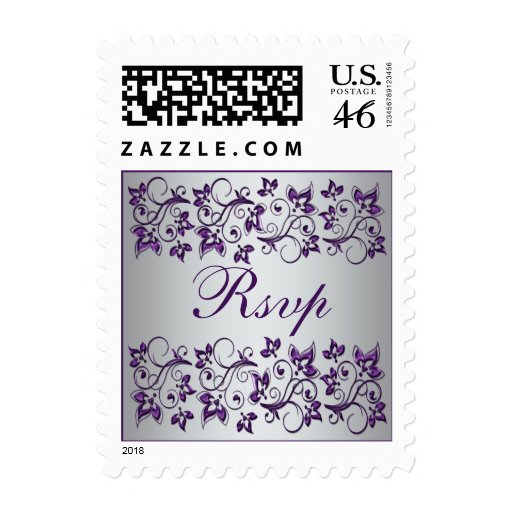 Purple Silver Gray Floral Wedding RSVP Postage