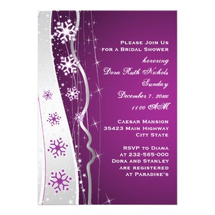 Purple silver grey snowflake wedding bridal shower invite