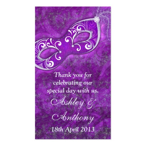 Purple Silver Masquerade Wedding Favour Tags Business Card Template (front side)