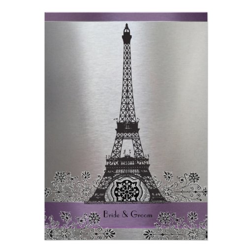 Purple Silver Metallic Eiffel Tower Wedding Invite