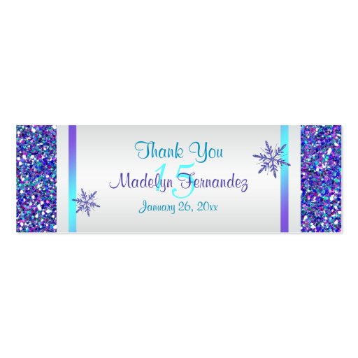 Purple, Silver Snowflakes Quinceanera Favor Tag Business Card Template (front side)