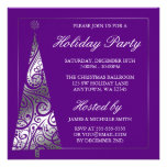 Purple Silver Swirl Christmas Tree Holiday Party Custom Invitations