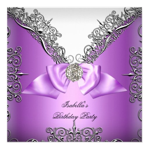 Purple Silver white Birthday Party Announcement