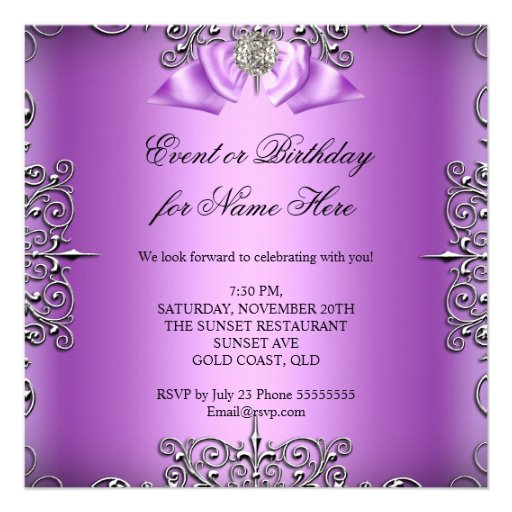 Purple Silver white Birthday Party Announcement