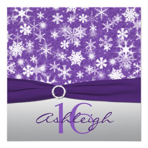 Purple Silver White Snowflake Birthday Invitation