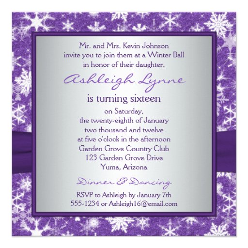 Purple Silver White Snowflake Birthday Invitation