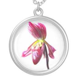 Purple slipper orchid flower against white back necklace