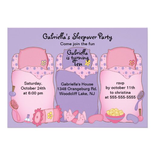 Purple Slumber Birthday Party Personalized Announcement (front side)