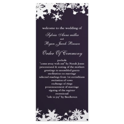 purple snowflakes winter wedding program personalized rack card