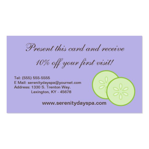 Purple Spa Girl Cucumber Spa Massage Business Card (back side)