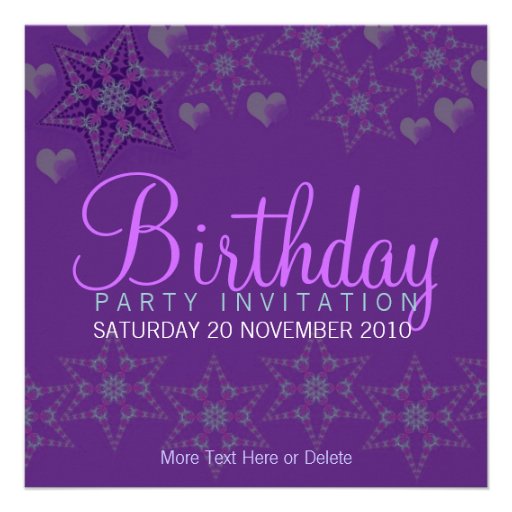 Purple Stars Hearts Party Birthday Invitation