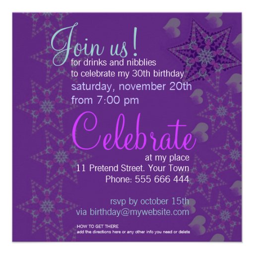 Purple Stars Hearts Party Birthday Invitation