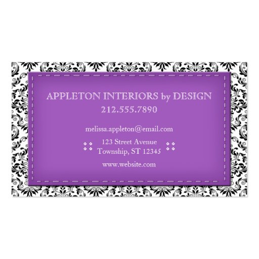 Purple Stitched Damask Interior Designer Business Card Templates (back side)