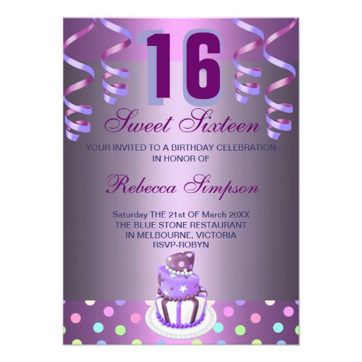 Purple Streamers & Cake Sweet 16 Birthday Invite