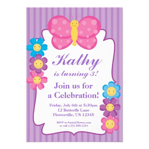 Purple Striped Butterfly Birthday Party Invitation