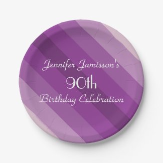 Purple Striped Paper Plates, 90th Birthday Party