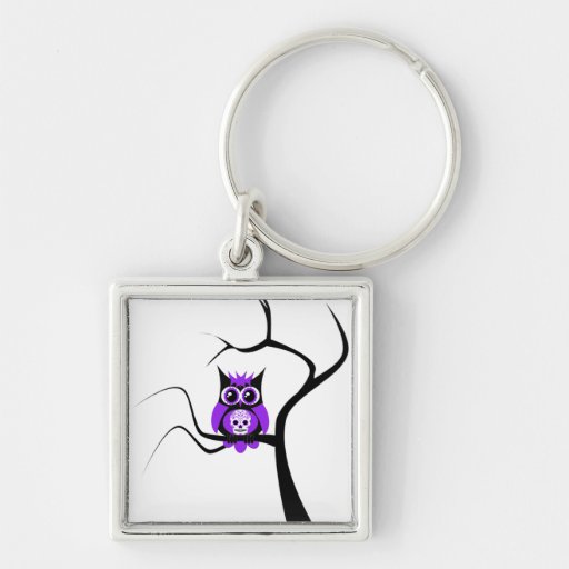 Purple Sugar Skull Owl in Tree Keychain
