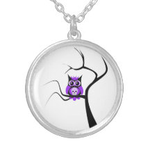 Purple Sugar Skull Owl in Tree Necklace