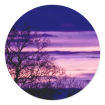 Purple Sunset Tree Silhouette round stickers stickers