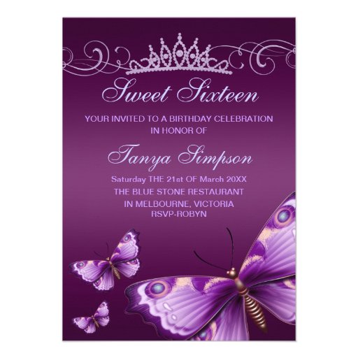Purple Sweet16 Butterfly & Tiara Birthday Invite