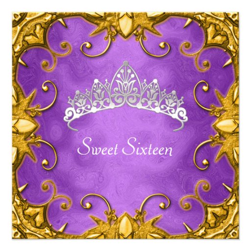 Purple Sweet 16 Birthday Party Gold White Tiara Announcements