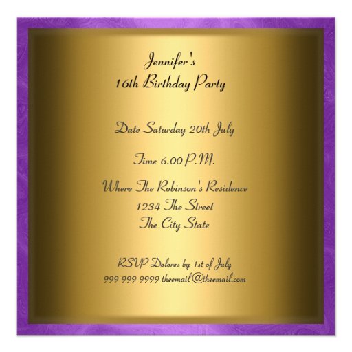 Purple Sweet 16 Birthday Party Gold White Tiara Announcements