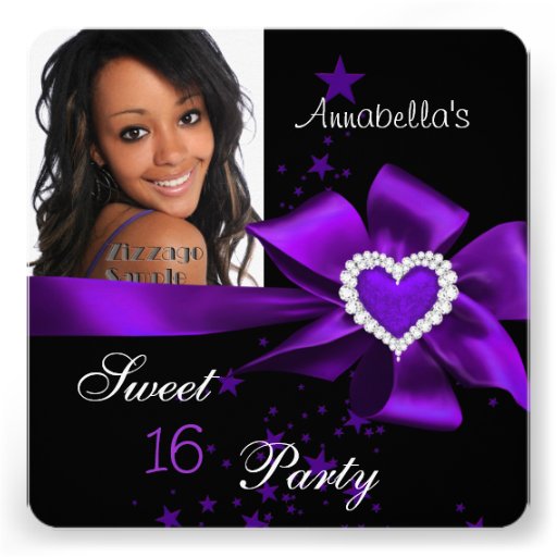 Purple Sweet 16 Birthday Party Heart Photo Personalized Announcement