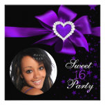 Purple Sweet 16 Birthday Party Heart Photo Invite