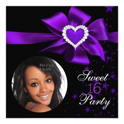 Purple Sweet 16 Birthday Party Heart Photo Invite