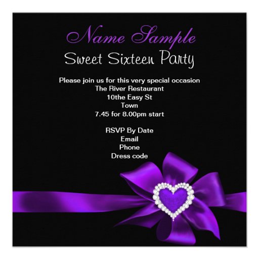 Purple Sweet 16 Birthday Party Heart Photo Invite