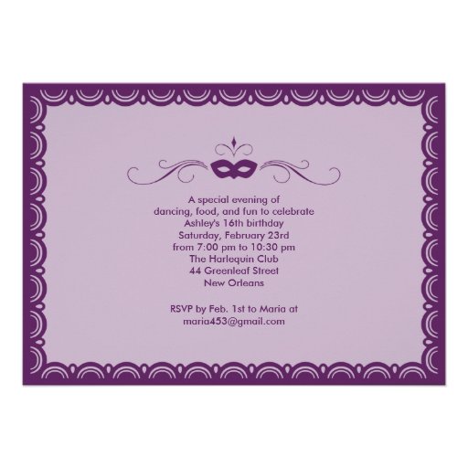 Purple Sweet 16 Masquerade Ball Invitations