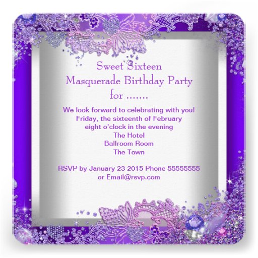 Purple Sweet Sixteen 16 Masquerade Party Tiara Custom Invites