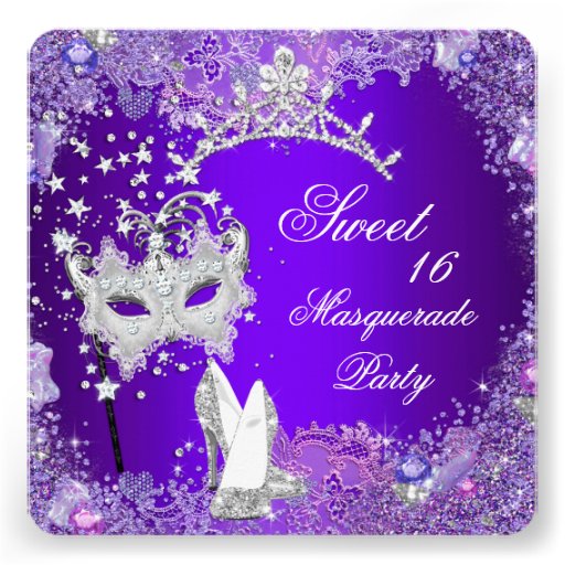 Purple Sweet Sixteen 16 Masquerade Party Tiara Custom Invites