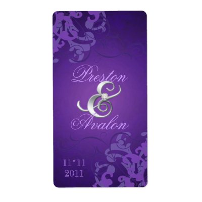 Purple Swirl Silver Jeweled Wedding Wine Label