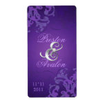 Purple Swirl Silver Jeweled Wedding Wine Label